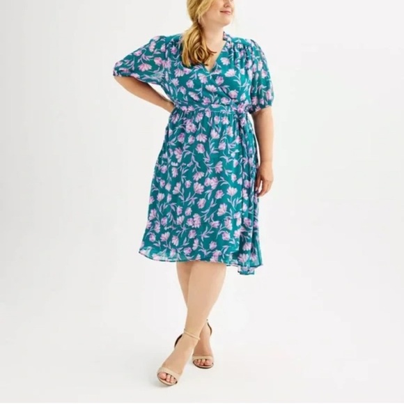 Draper James RSVP Tie Waist Midi Wrap Dress Teal & Pink Floral Print Size XL - Picture 2 of 9